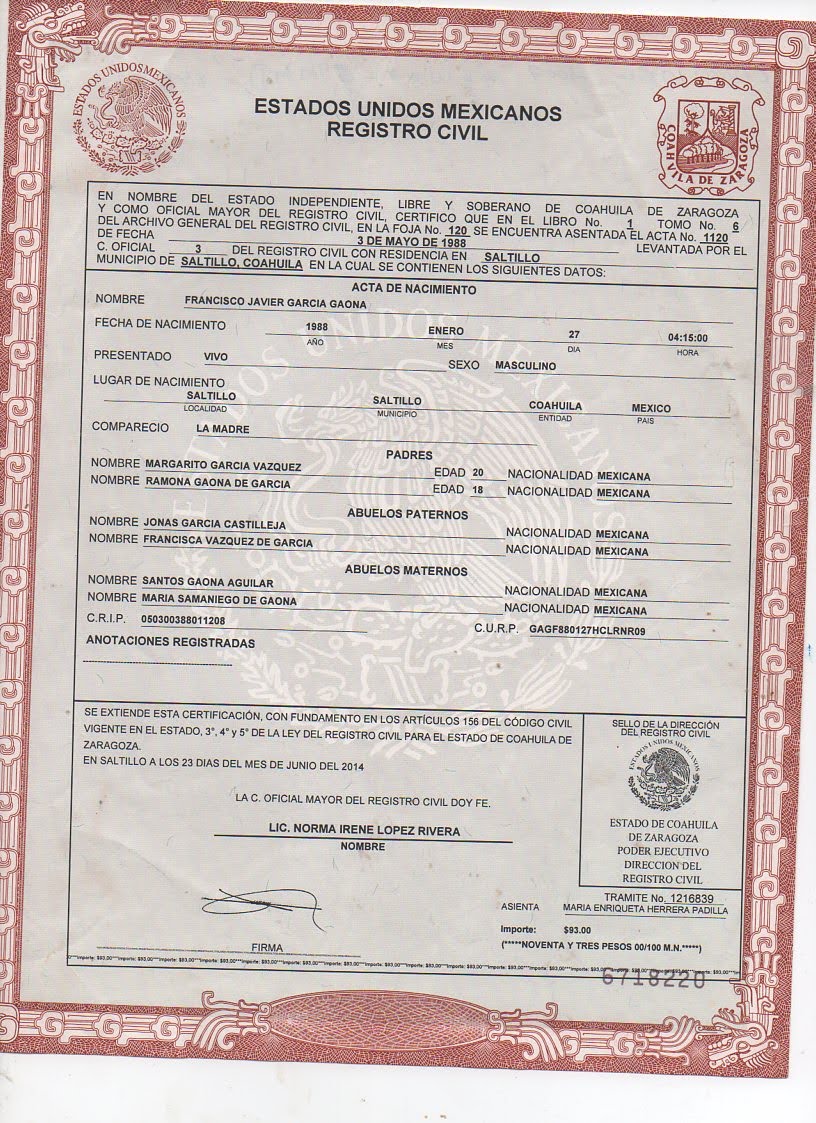 Acta de nacimiento de Francisco Javier García Gaona, 1988