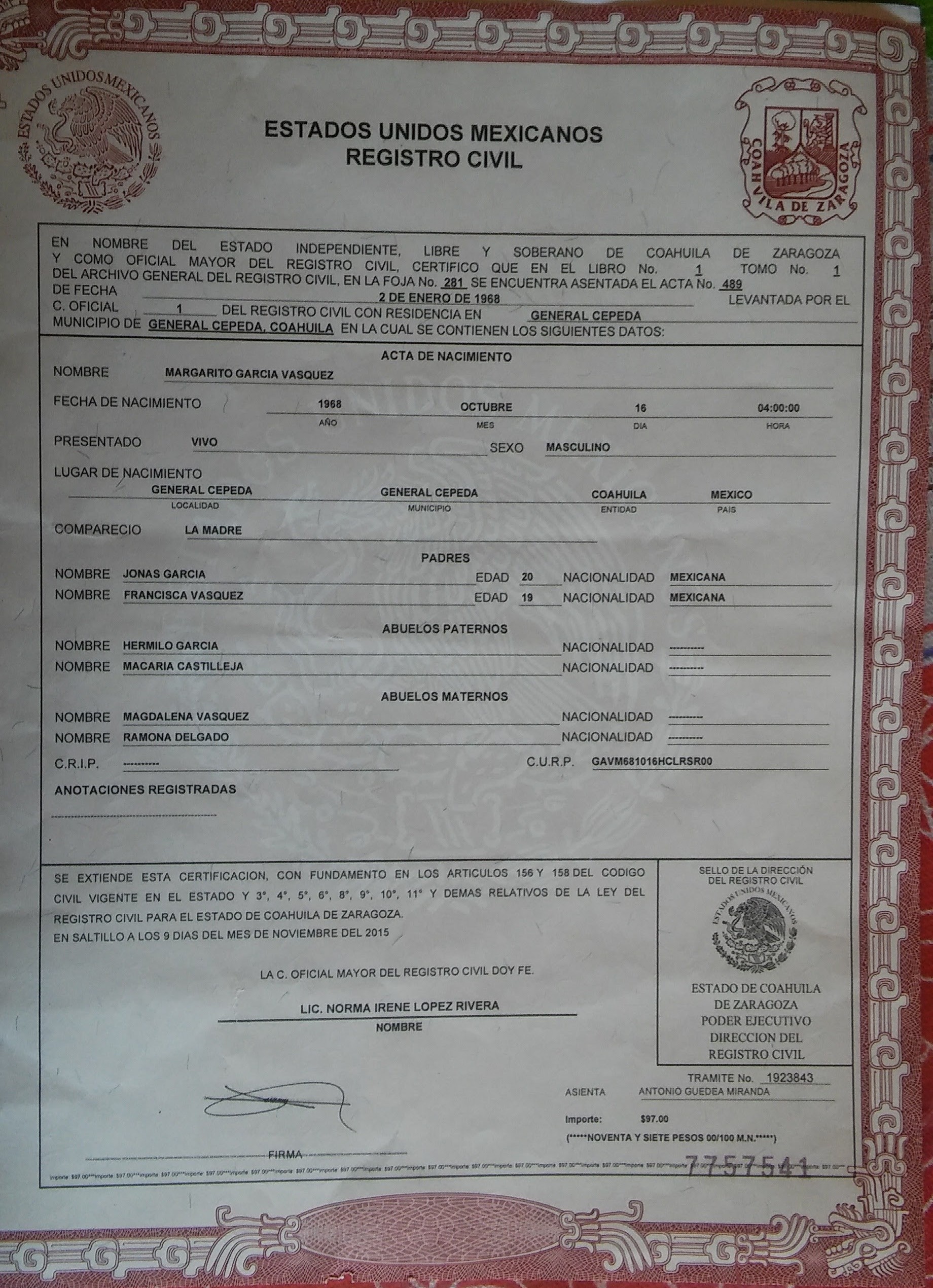 Acta de nacimiento de Margarito García Vázquez, 1968