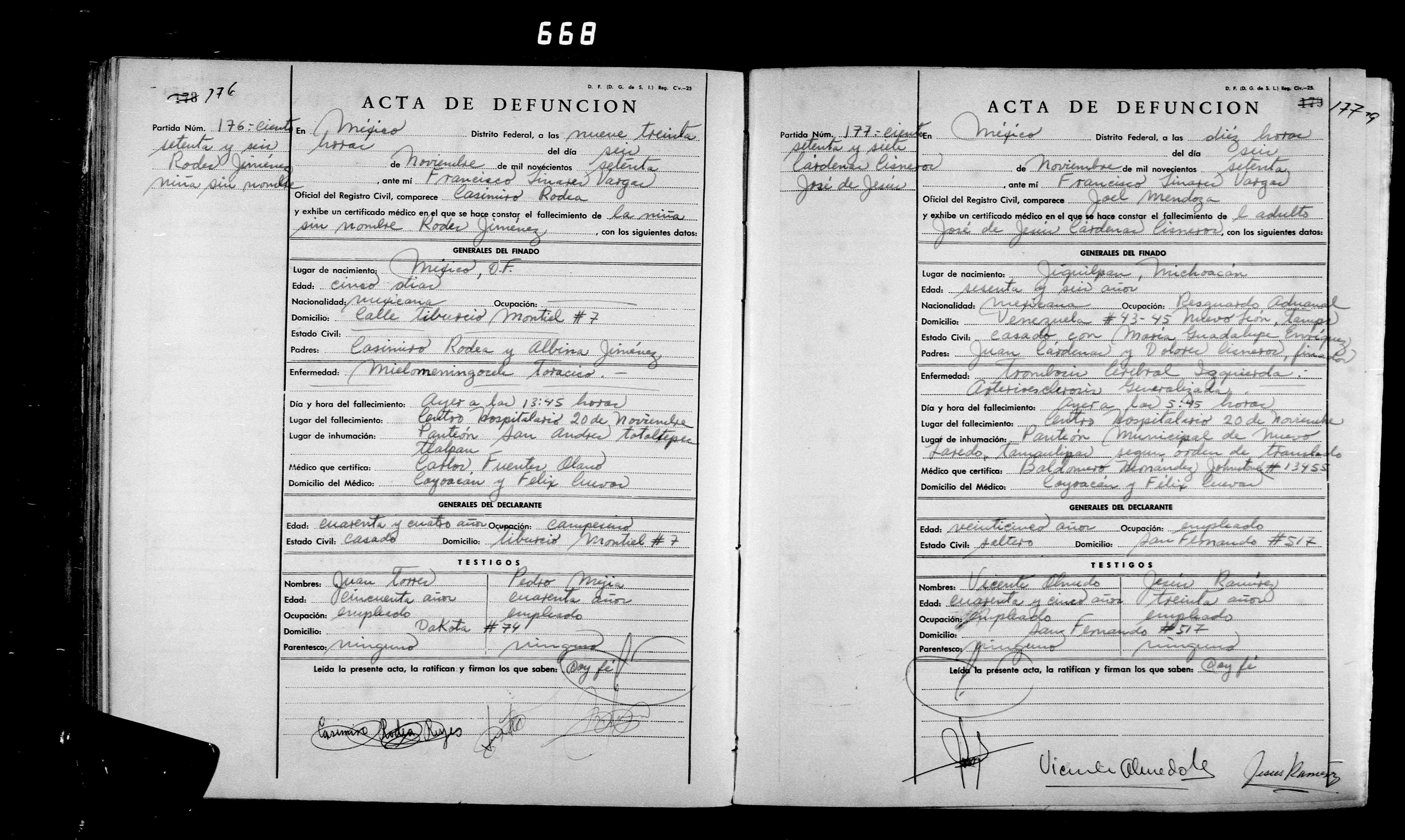 Defunción de José de Jesús Cárdenas Cisneros, Benito Juárez D.F., 1970