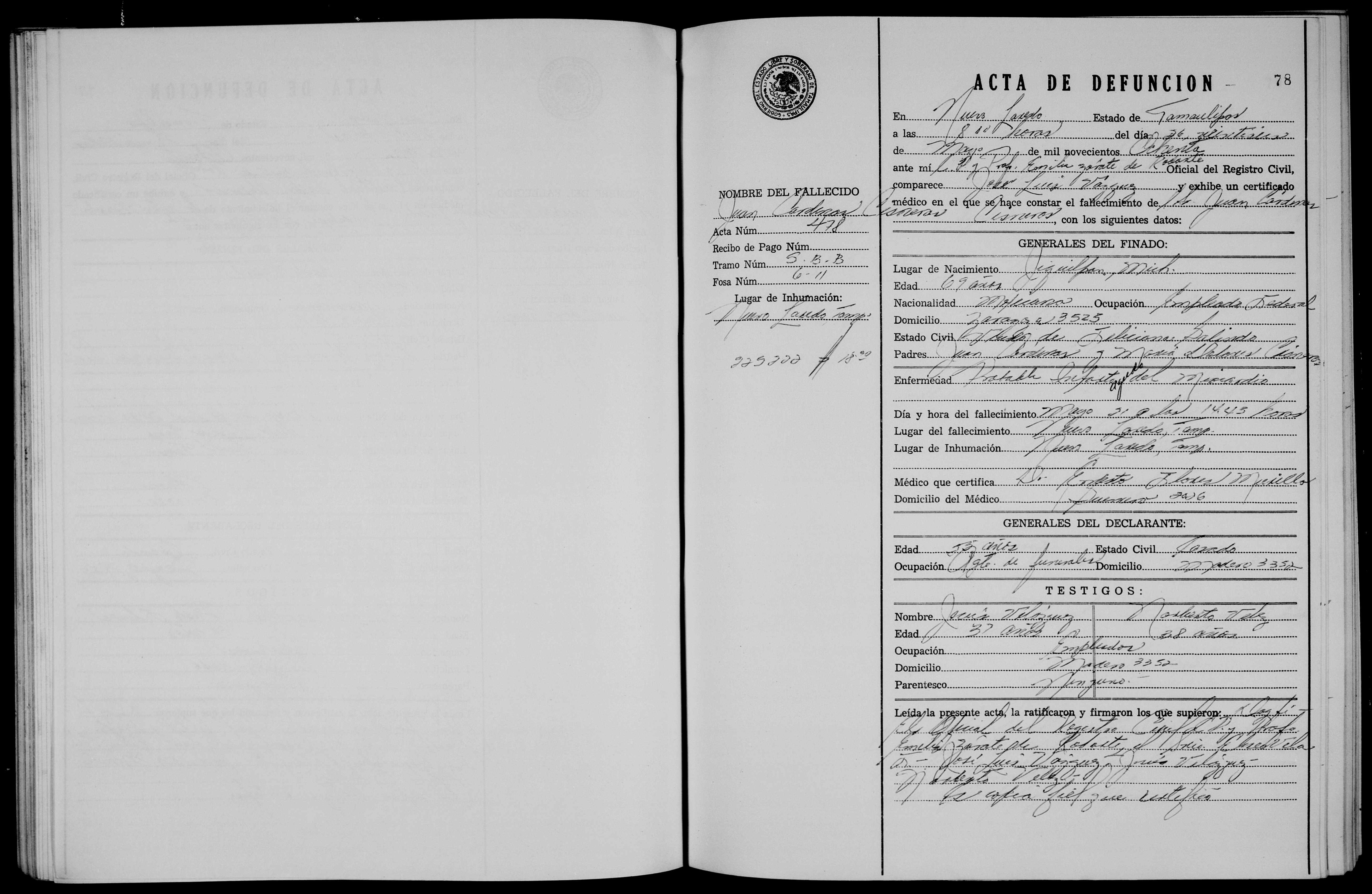 Defunción de Juan Cardenas Cisneras, Nuevo Laredo, 1980